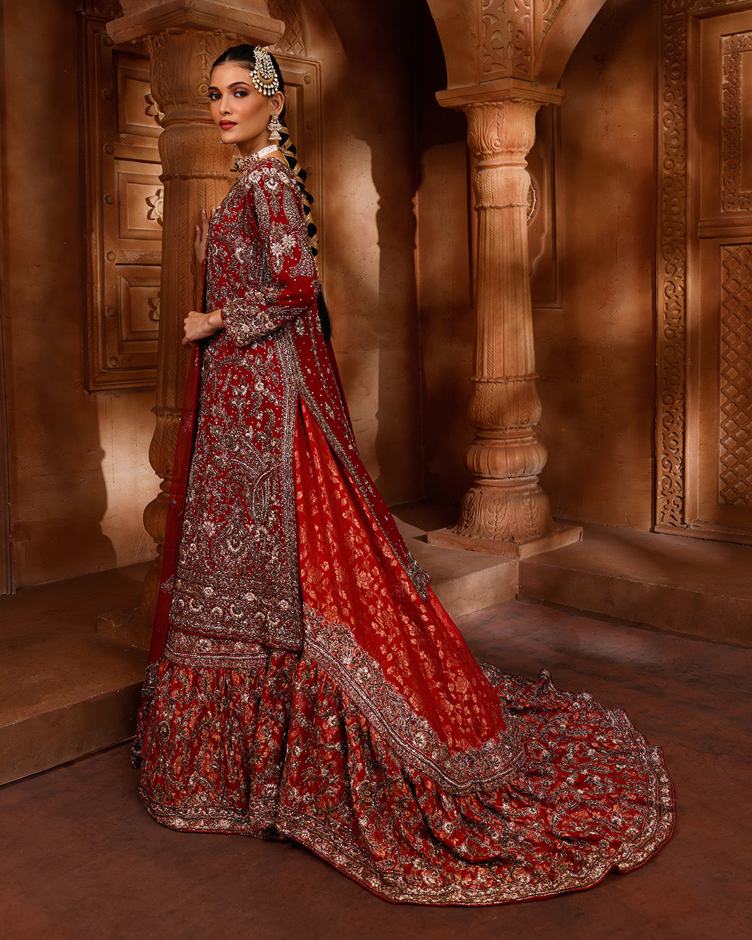 Auburn Maroon Hand Embroidered Kurta With Brocade Farshi Bridal Lehenga Set