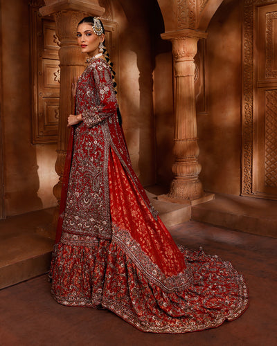 Auburn Maroon Hand Embroidered Kurta With Brocade Farshi Bridal Lehenga Set