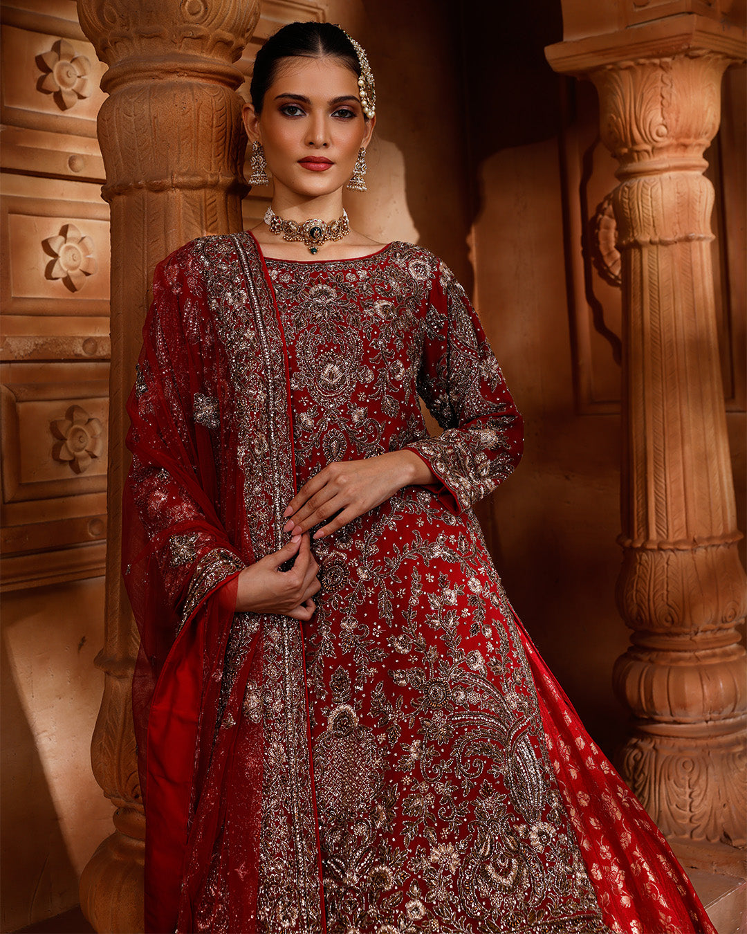 Auburn Maroon Hand Embroidered Kurta With Brocade Farshi Bridal Lehenga Set