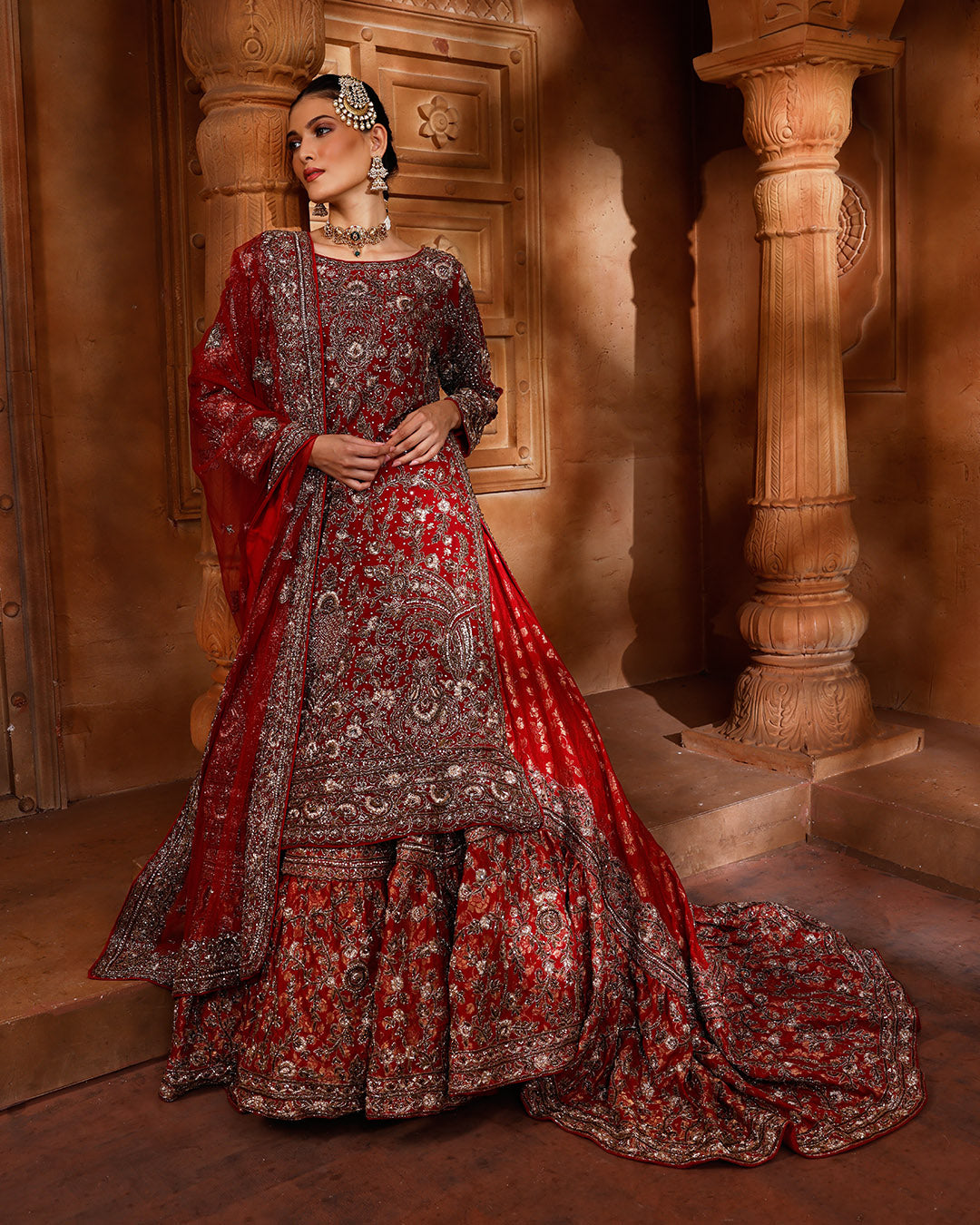 Auburn Maroon Hand Embroidered Kurta With Brocade Farshi Bridal Lehenga Set