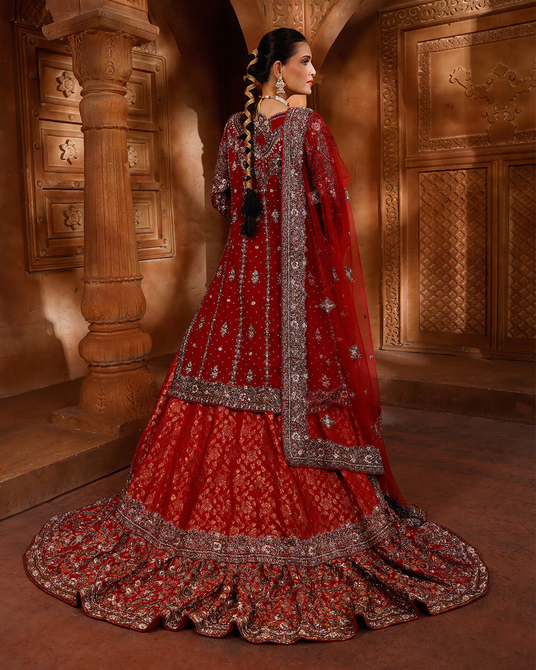 Auburn Maroon Hand Embroidered Kurta With Brocade Farshi Bridal Lehenga Set