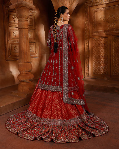 Auburn Maroon Hand Embroidered Kurta With Brocade Farshi Bridal Lehenga Set