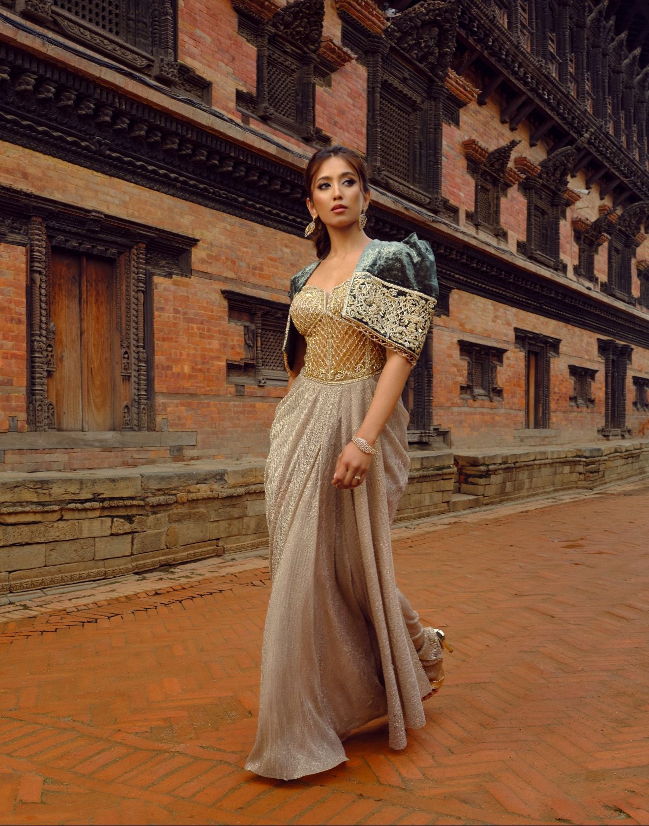 Auric Copper Corset Drape Gown With Velvet Cape Jacket
