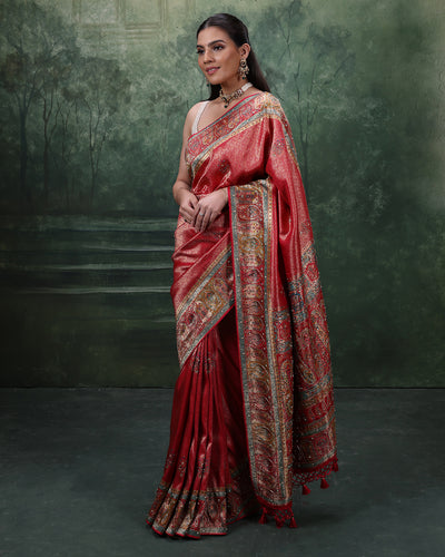 Berry Red Festive Silk Saree WIth Unstitched Blouse Fabric