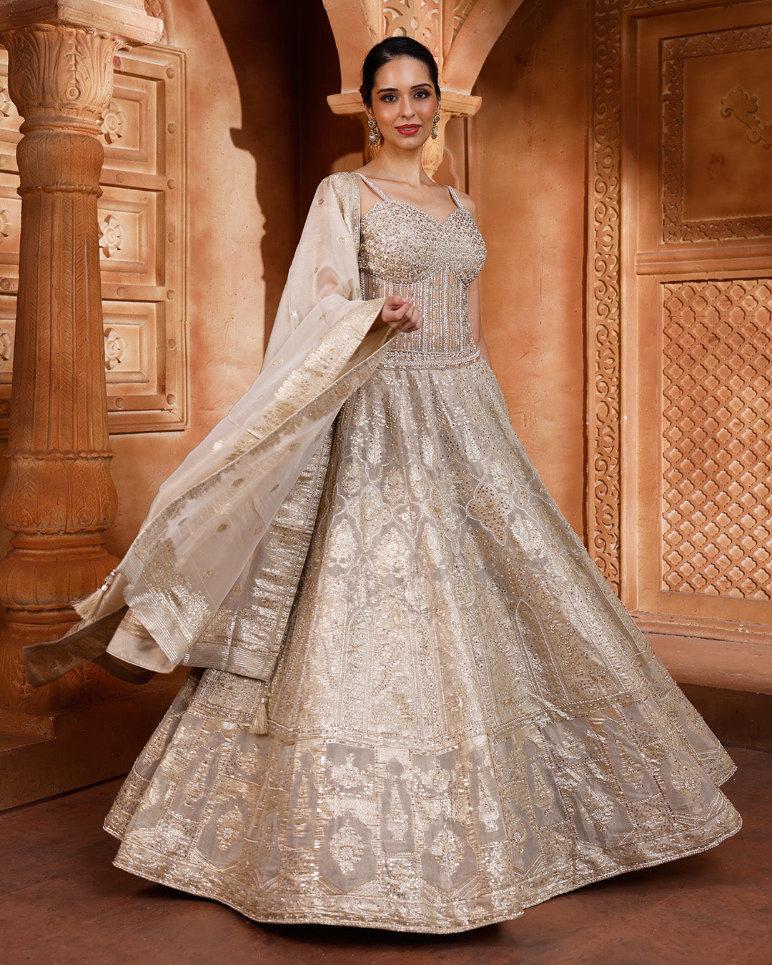 Bisquè Beige Banarasi Lehenga With Corset Blouse