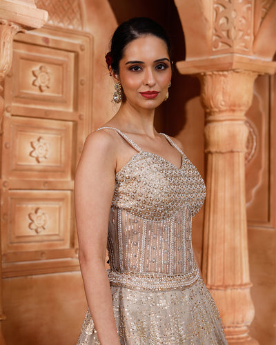 Bisquè Beige Banarasi Lehenga With Corset Blouse