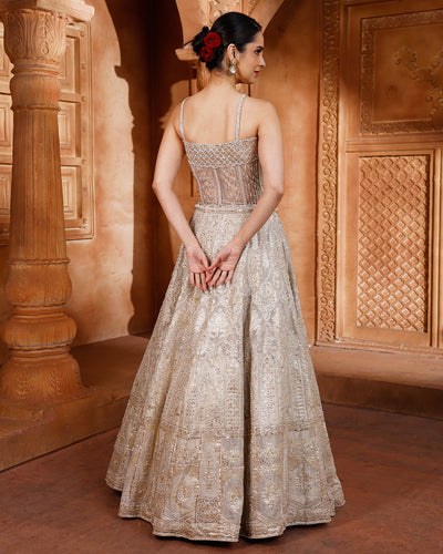 Bisquè Beige Banarasi Lehenga With Corset Blouse