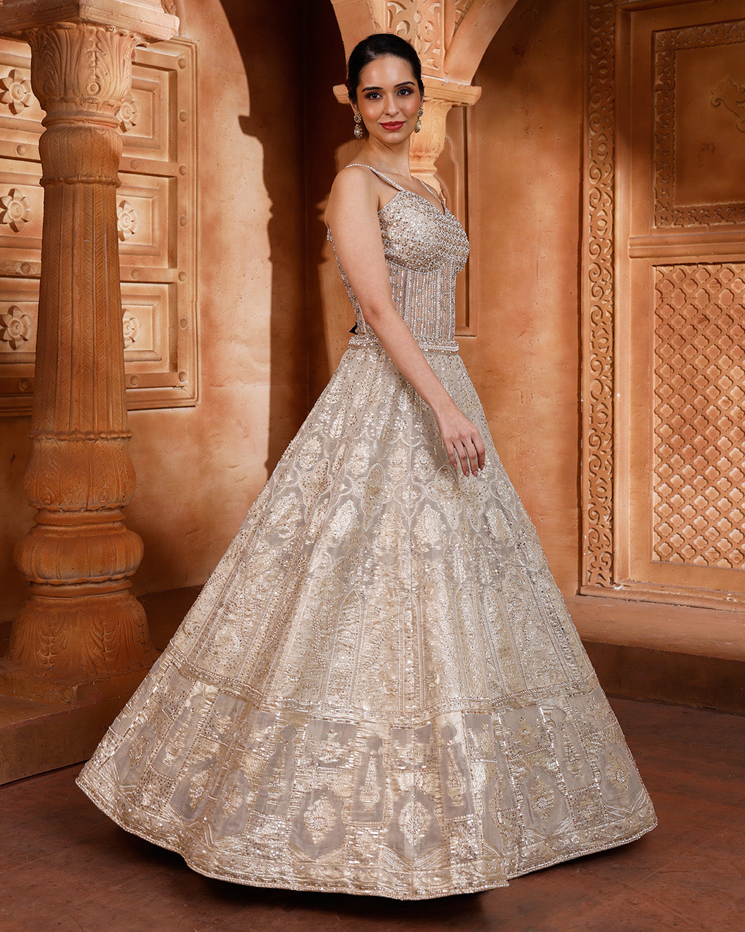 Bisquè Beige Banarasi Lehenga With Corset Blouse