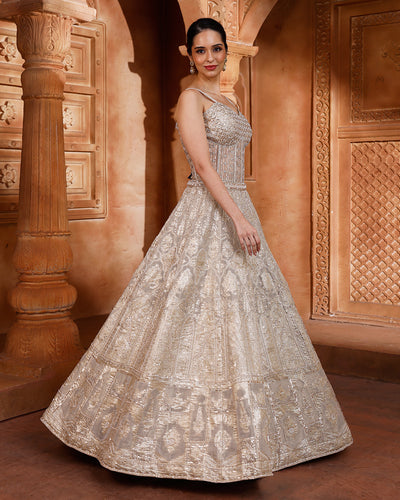Bisquè Beige Banarasi Lehenga With Corset Blouse