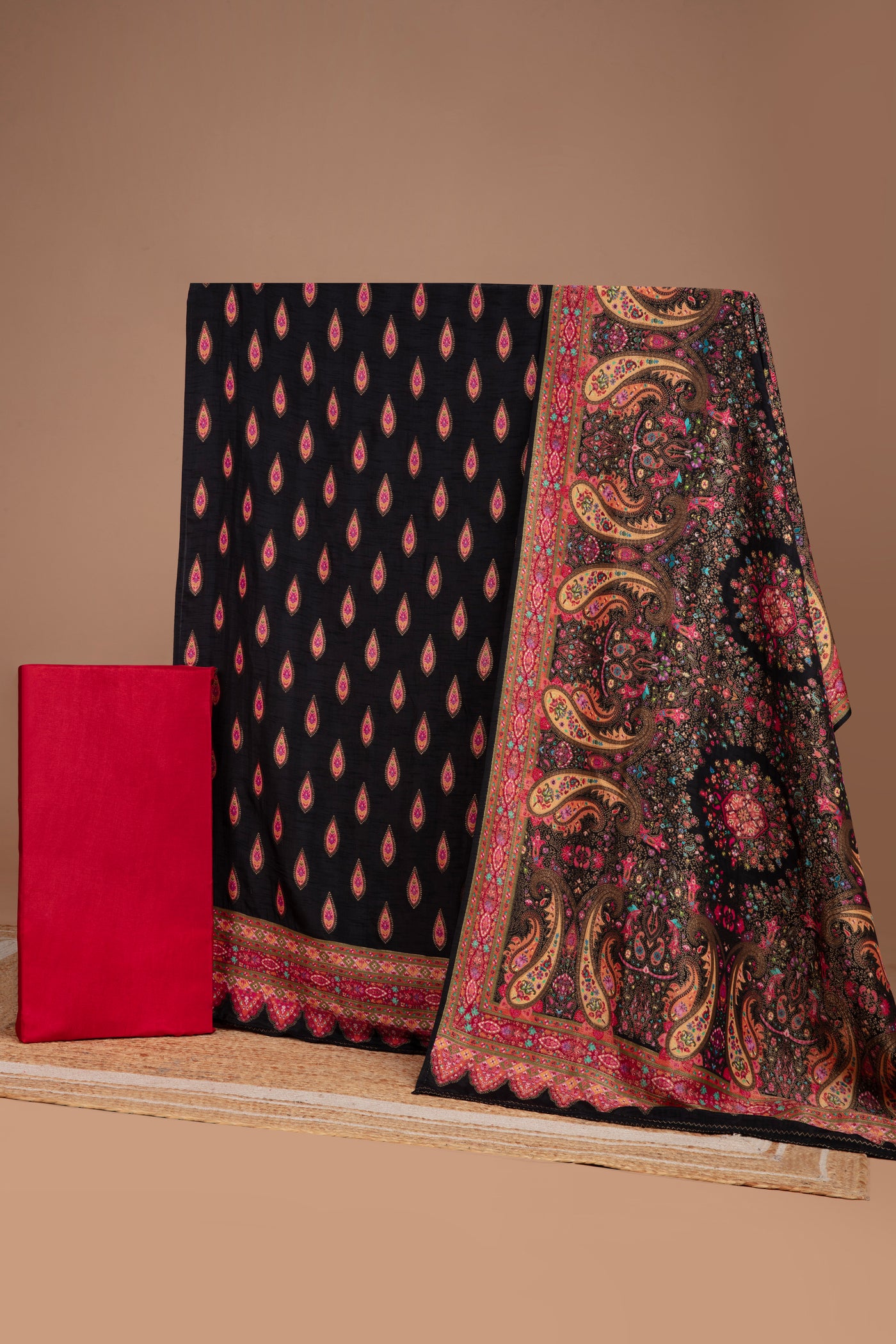 Black And Berry Hues Weave Blended Silk Unstitched Suit Set