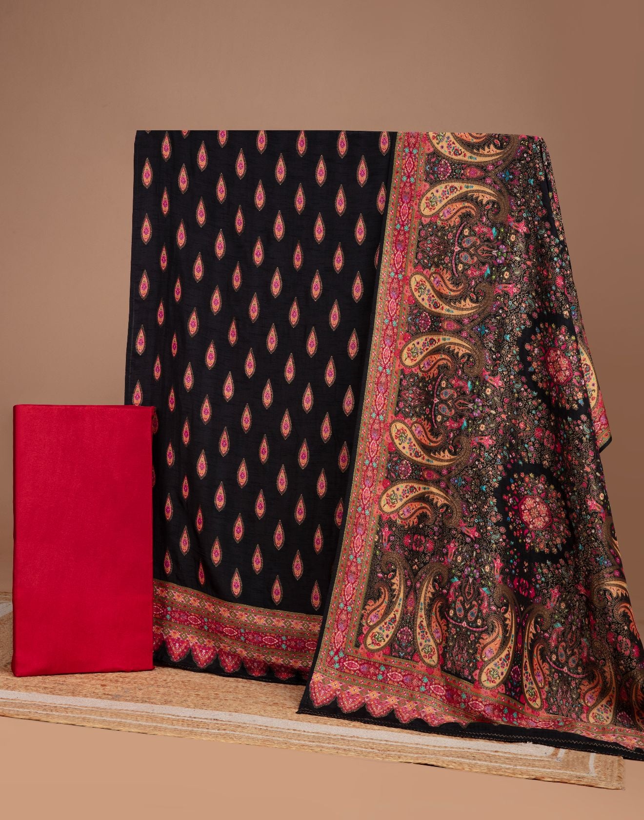 Black And Berry Hues Weave Blended Silk Unstitched Suit Set