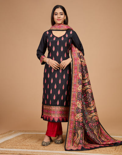 Black And Berry Hues Weave Blended Silk Unstitched Suit Set