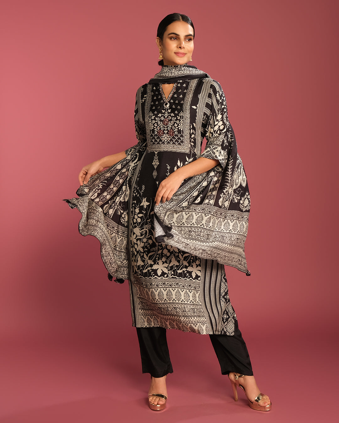 Black & Chalk White Printed Crepe Kurta Set