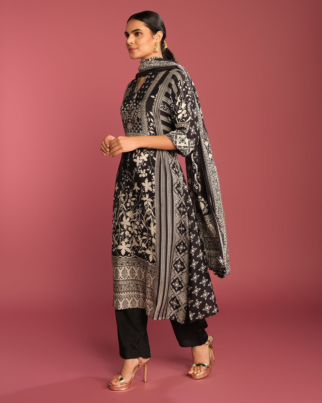 Black & Chalk White Printed Crepe Kurta Set