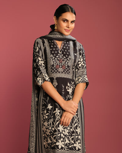 Black & Chalk White Printed Crepe Kurta Set