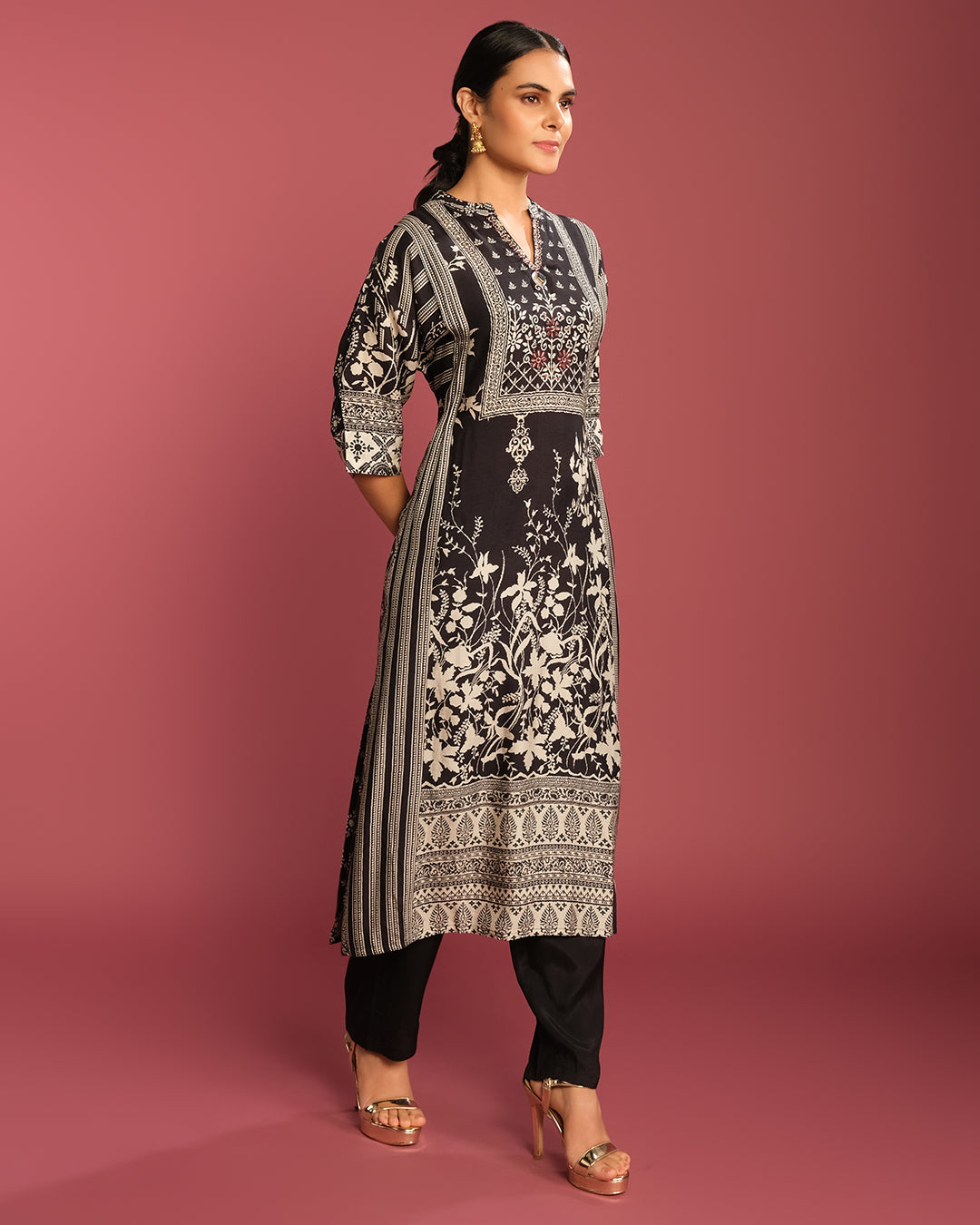 Black & Chalk White Printed Crepe Kurta Set