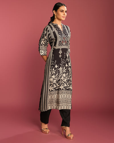 Black & Chalk White Printed Crepe Kurta Set
