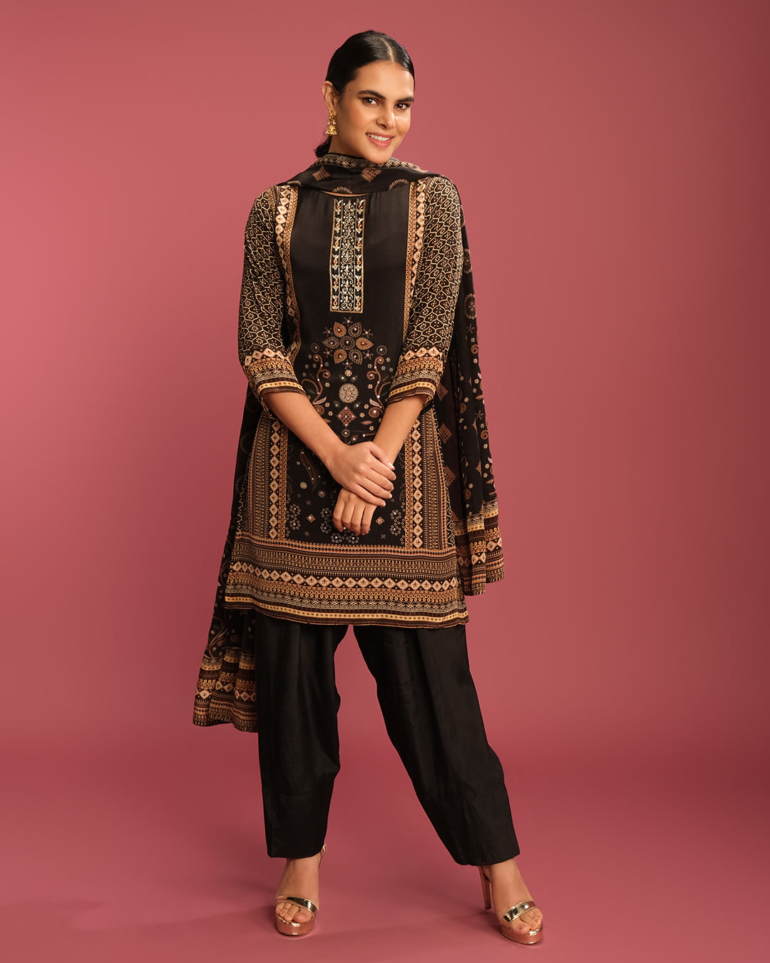 Black & Earthy Bandhej Printed Short Kurta With Pant Set