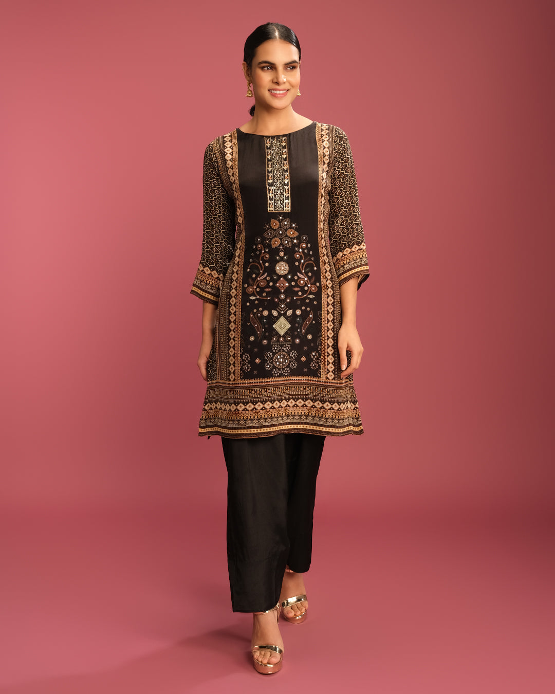 Black & Earthy Bandhej Printed Short Kurta With Pant Set