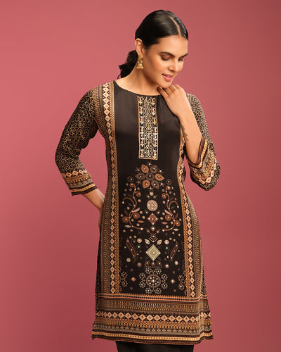 Black & Earthy Bandhej Printed Short Kurta With Pant Set