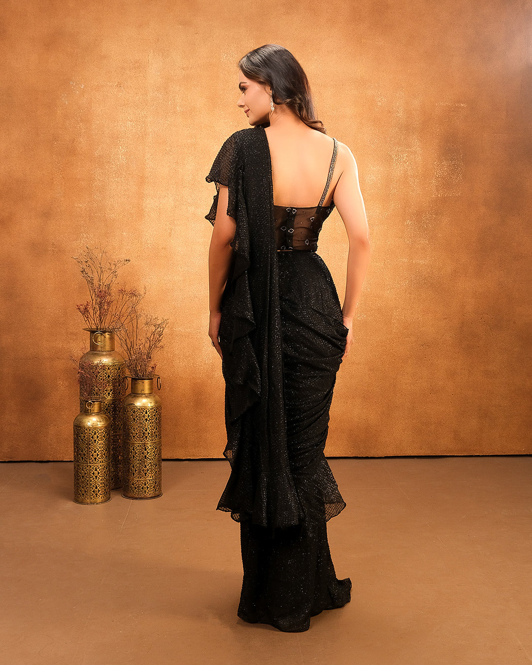 Black Shimmer Lycra Pre-Draped Saree With Corset Blouse