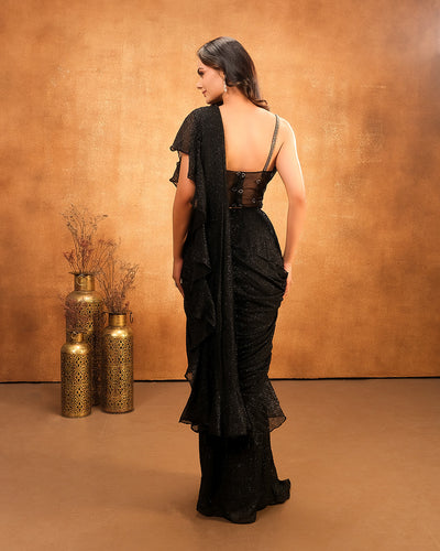 Black Shimmer Lycra Pre-Draped Saree With Corset Blouse