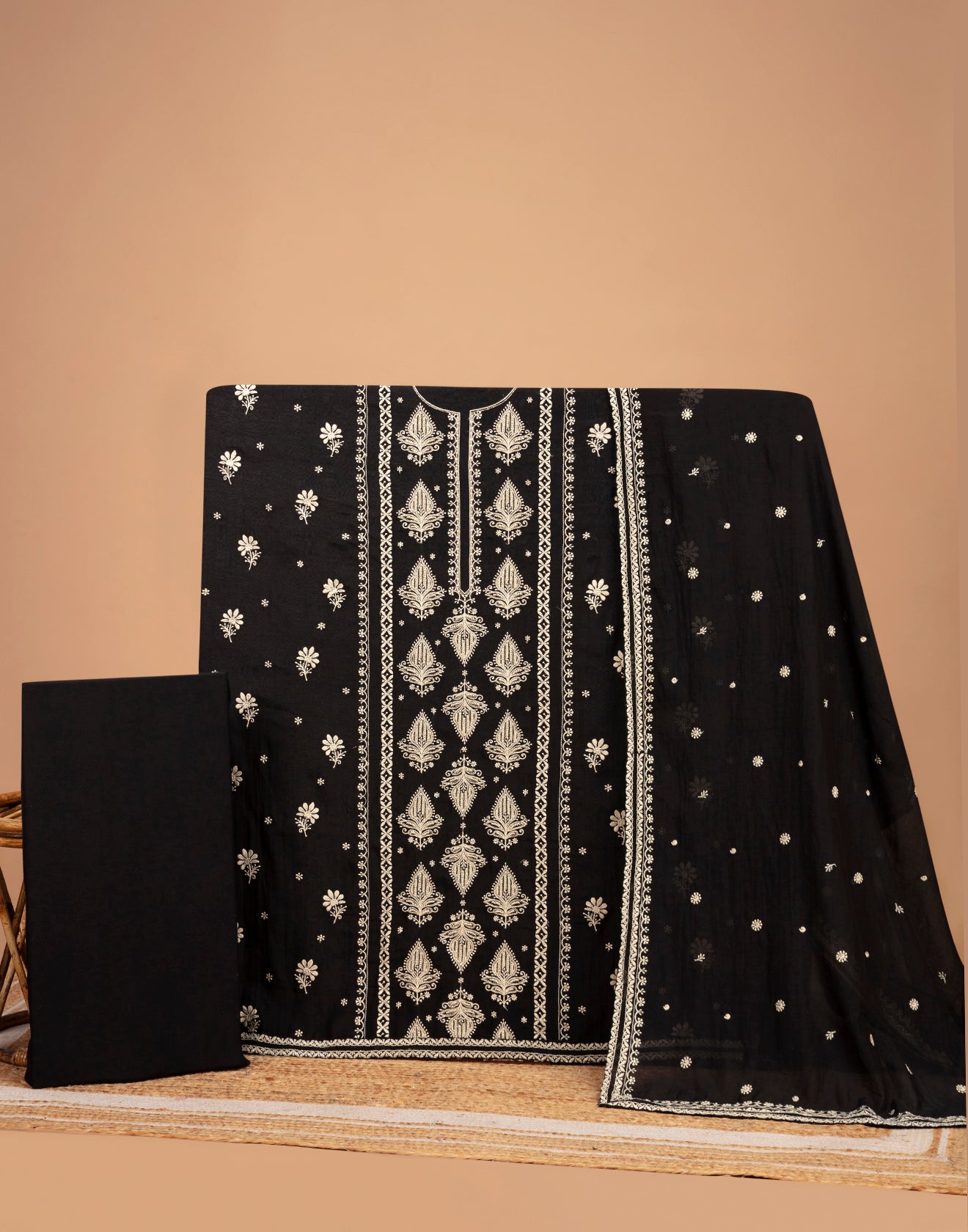 Black With Golden Beige Thread Embroidered Blended Silk Unstitched Suit Set