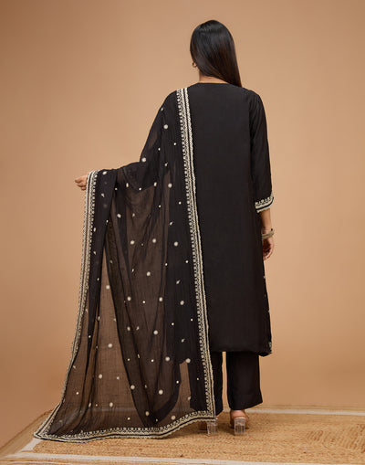 Black With Golden Beige Thread Embroidered Blended Silk Unstitched Suit Set