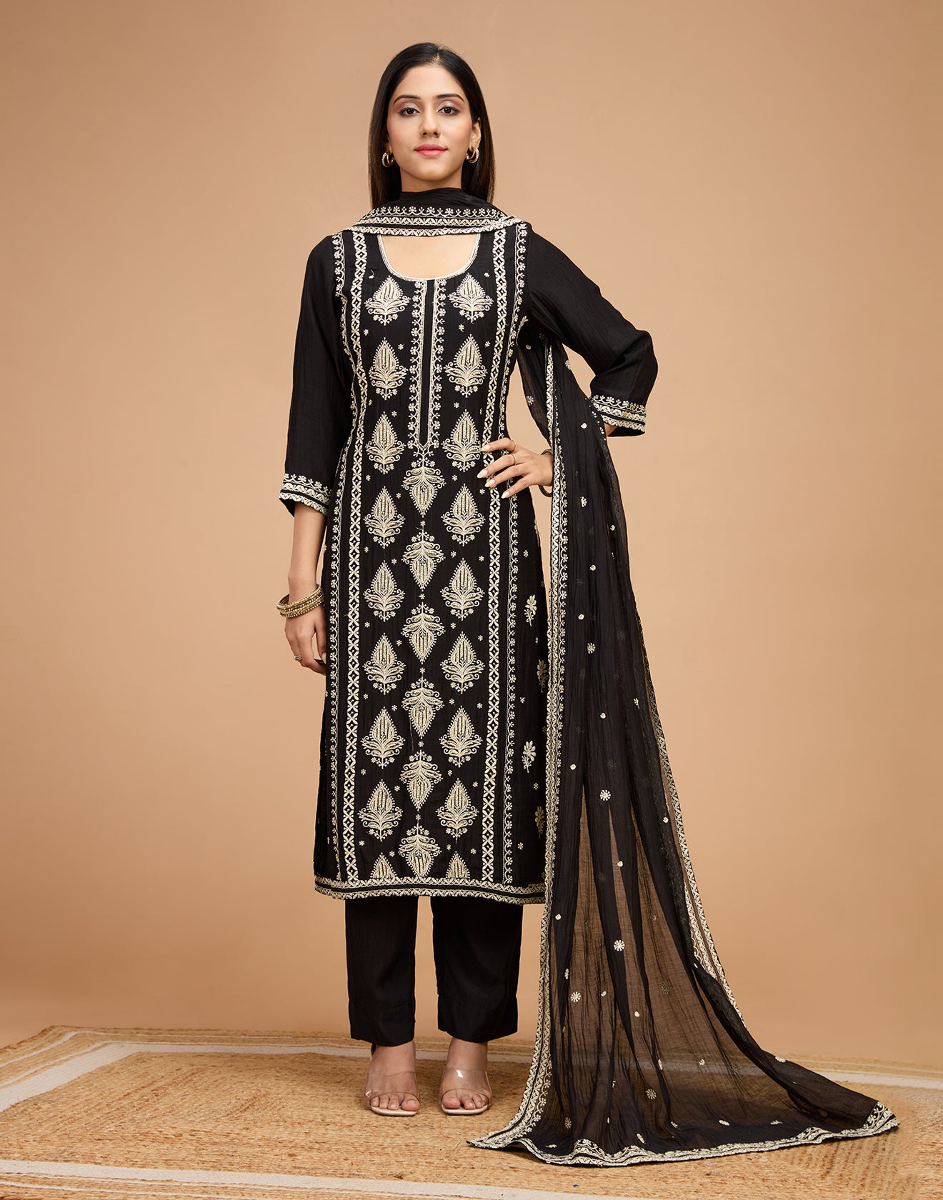 Black With Golden Beige Thread Embroidered Blended Silk Unstitched Suit Set