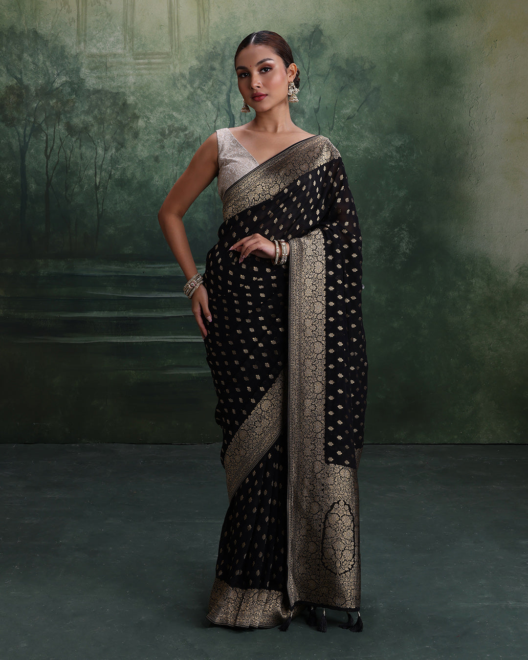 Black With Golden Dainty Buttis Georgette Saree With Unstitched Blouse Fabric