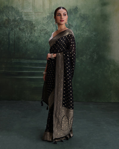 Black With Golden Dainty Buttis Georgette Saree With Unstitched Blouse Fabric