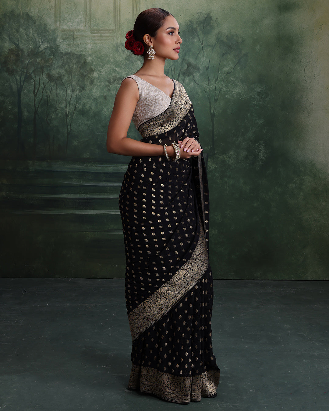 Black With Golden Dainty Buttis Georgette Saree With Unstitched Blouse Fabric
