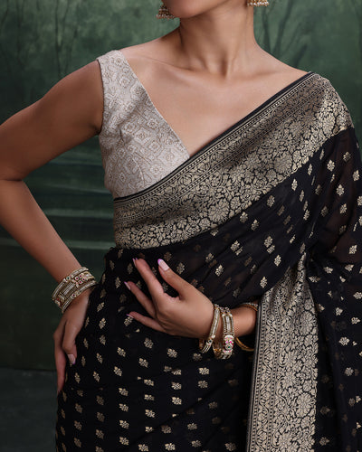 Black With Golden Dainty Buttis Georgette Saree With Unstitched Blouse Fabric