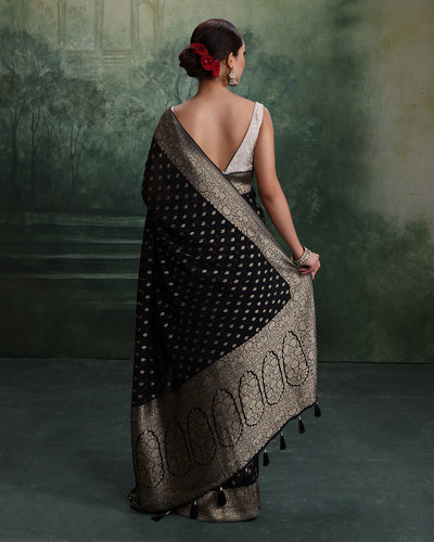 Black With Golden Dainty Buttis Georgette Saree With Unstitched Blouse Fabric