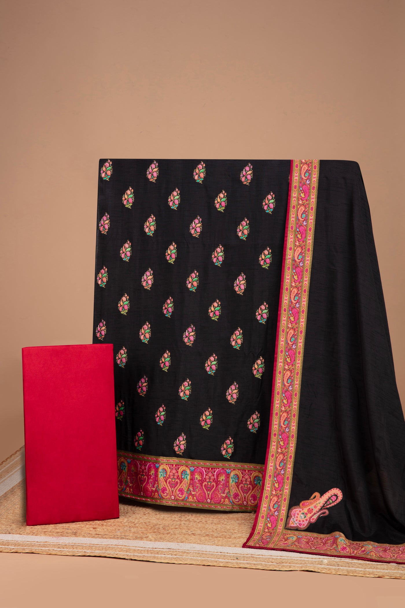 Black With Multicolor Weave Blended Silk Unstitched Suit Set