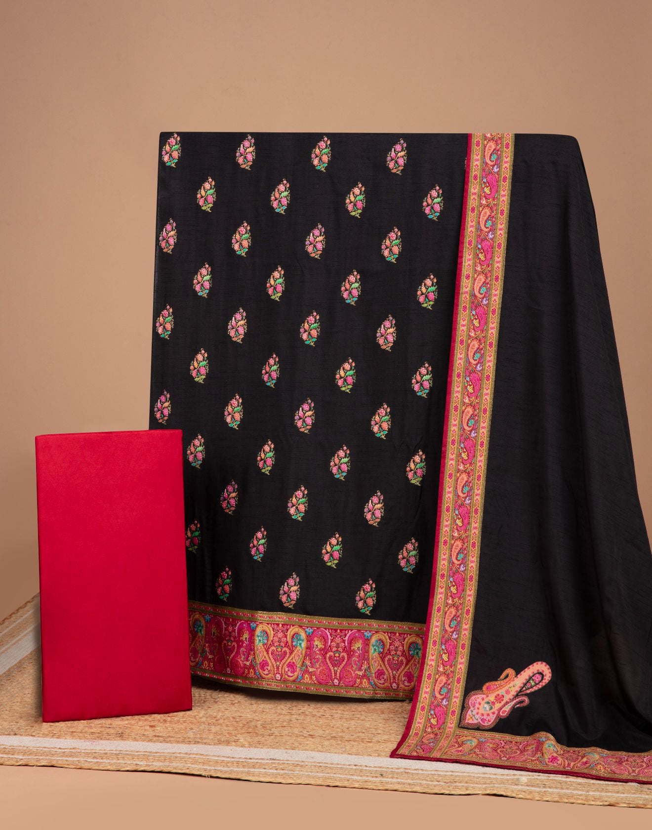 Black With Multicolor Weave Blended Silk Unstitched Suit Set