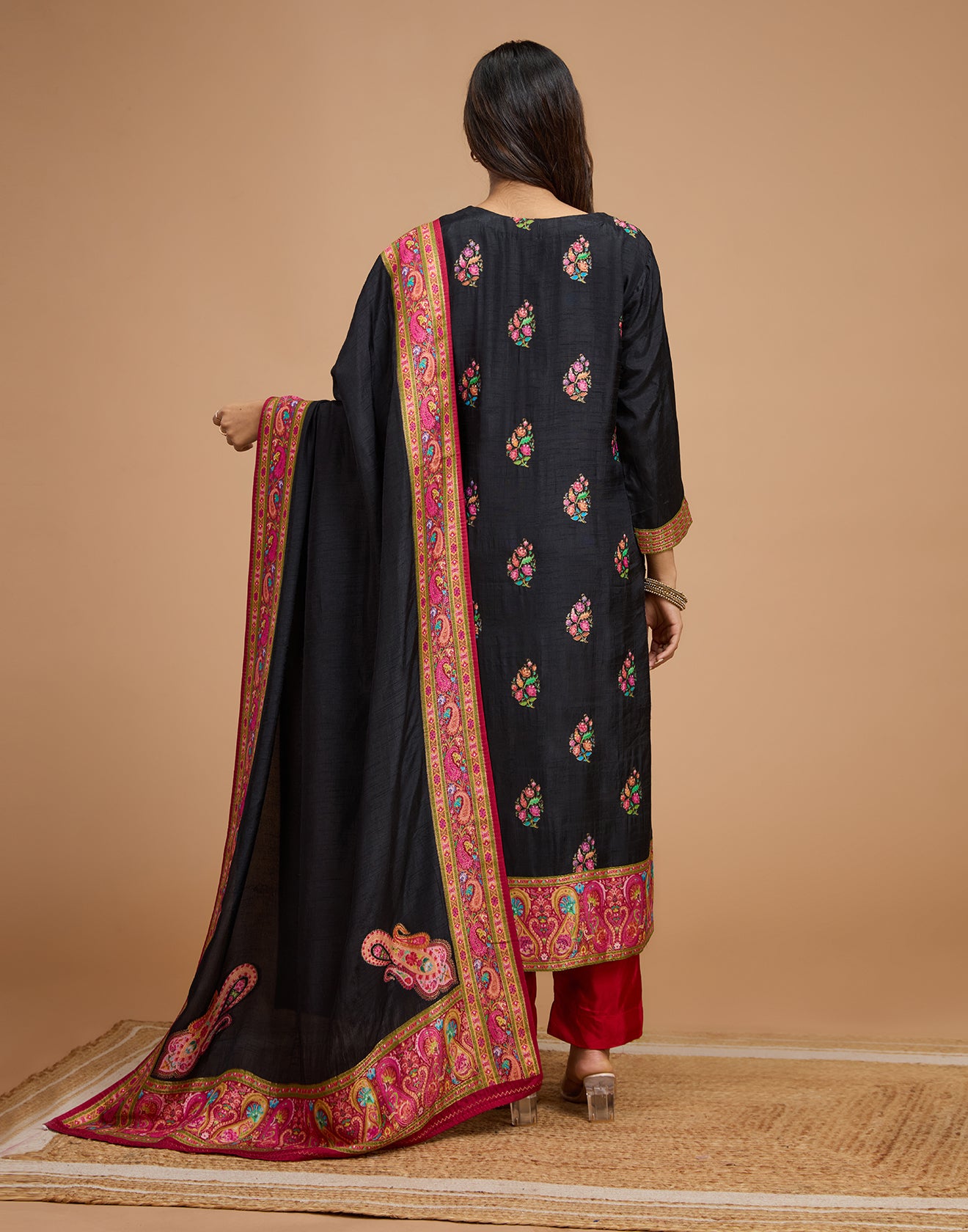 Black With Multicolor Weave Blended Silk Unstitched Suit Set