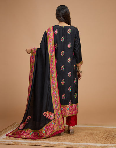Black With Multicolor Weave Blended Silk Unstitched Suit Set