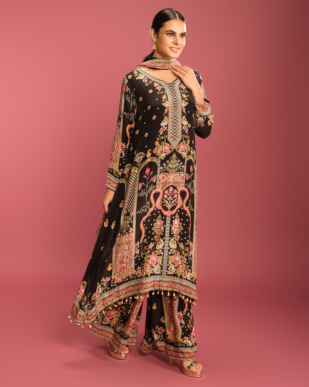 Black With Vibrant Multicolor Festive Kurta Palazzo Set