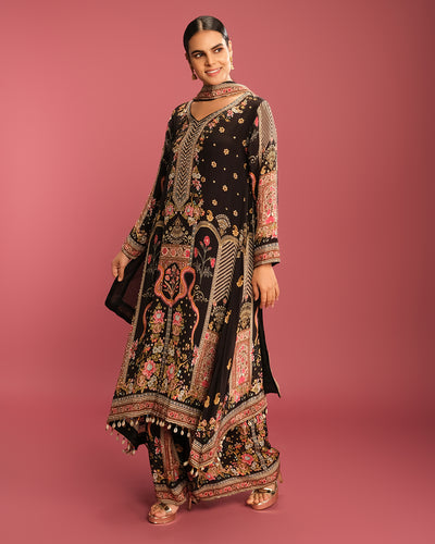 Black With Vibrant Multicolor Festive Kurta Palazzo Set