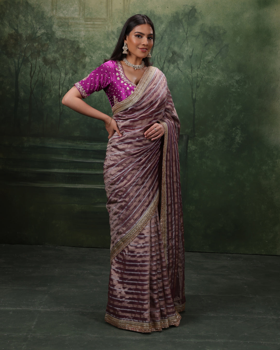 Bloom Orchid Shimemr Organza Saree With Stitched Blouse