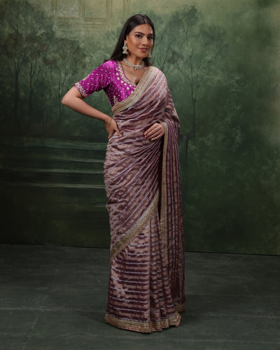 Bloom Orchid Shimemr Organza Saree With Stitched Blouse