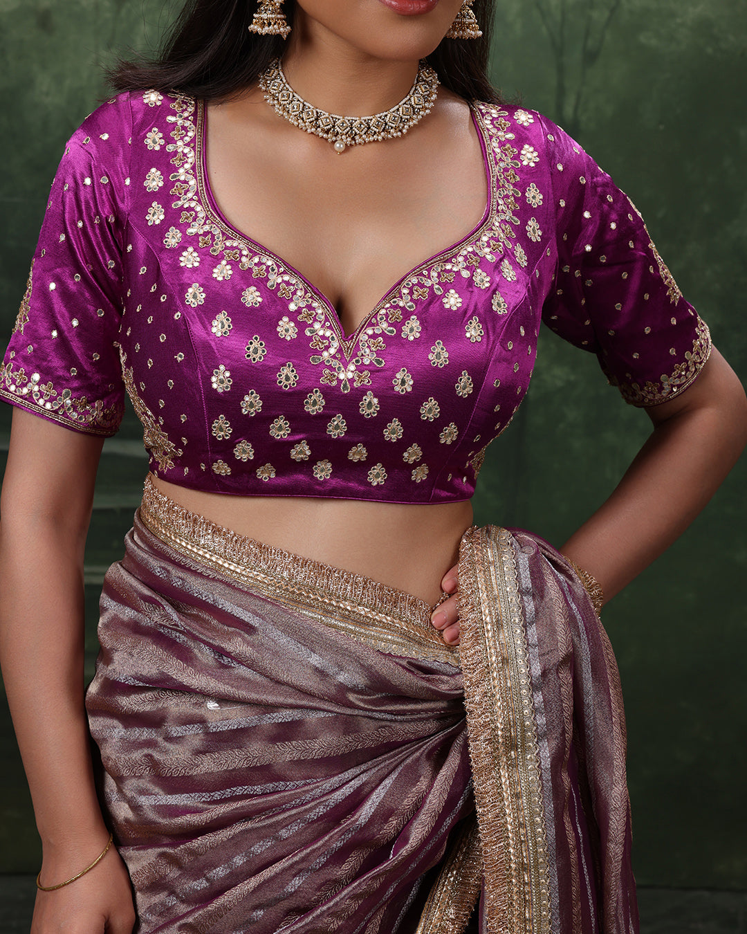 Bloom Orchid Shimemr Organza Saree With Stitched Blouse