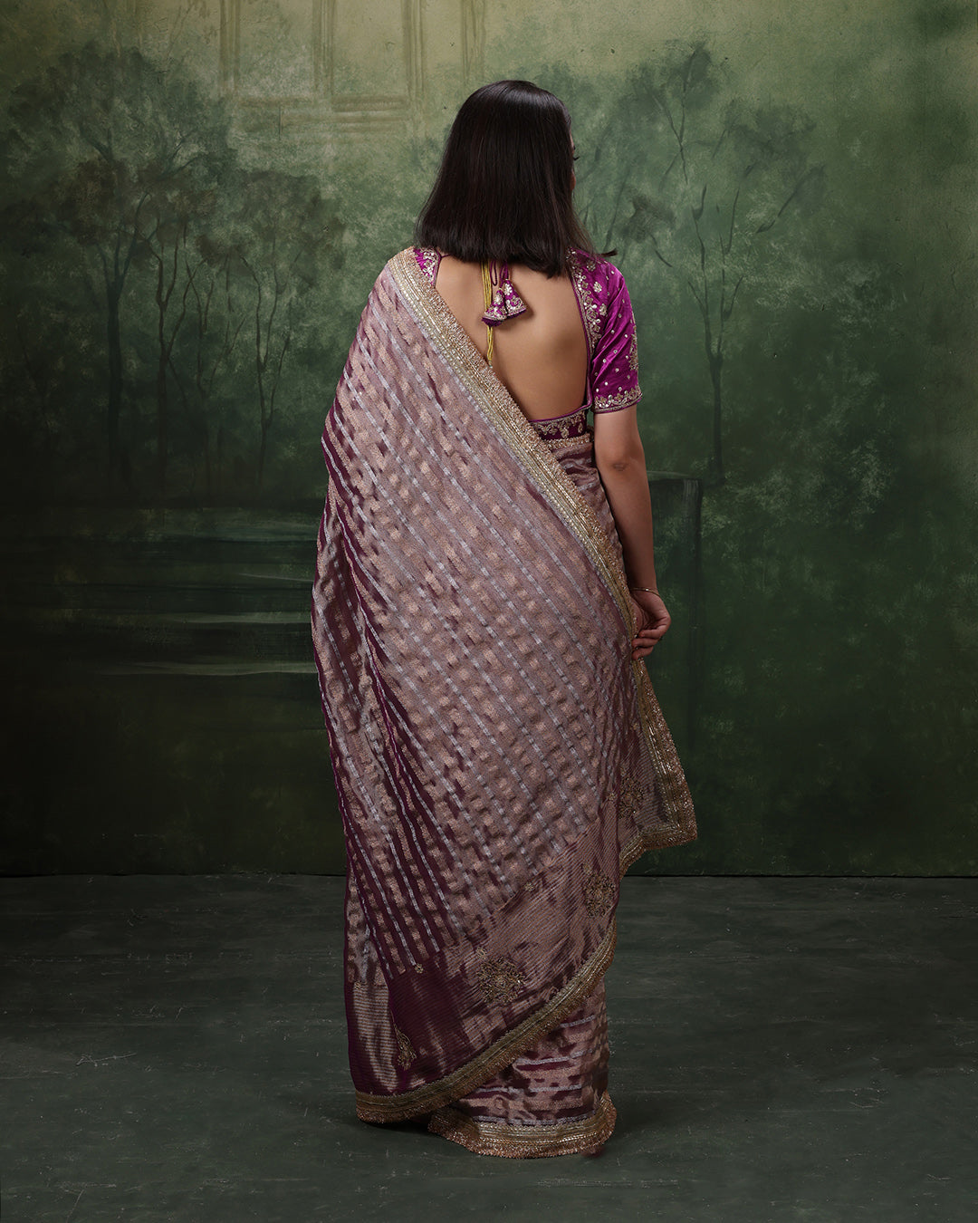 Bloom Orchid Shimemr Organza Saree With Stitched Blouse