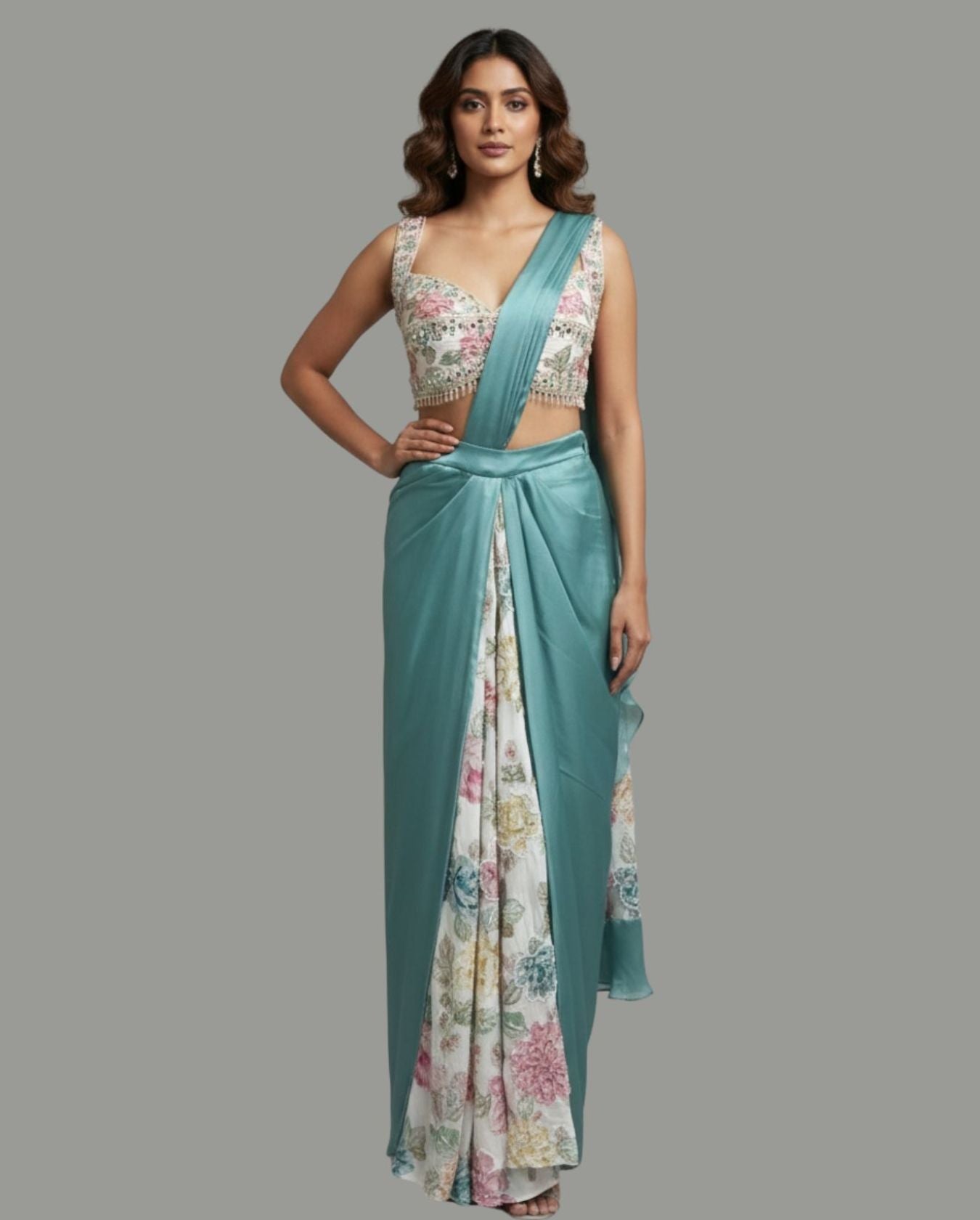 Blooming Garden With Sea Green Drape Pre-Stitched Saree