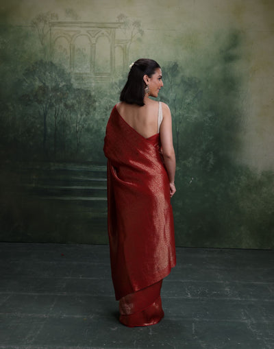 Brick Maroon Dola Silk Saree With Unstitched Blouse Fabric