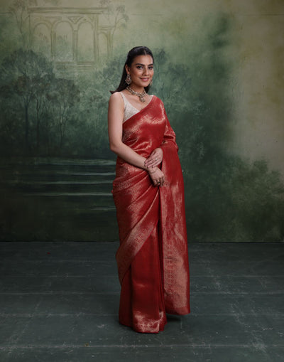 Brick Maroon Dola Silk Saree With Unstitched Blouse Fabric