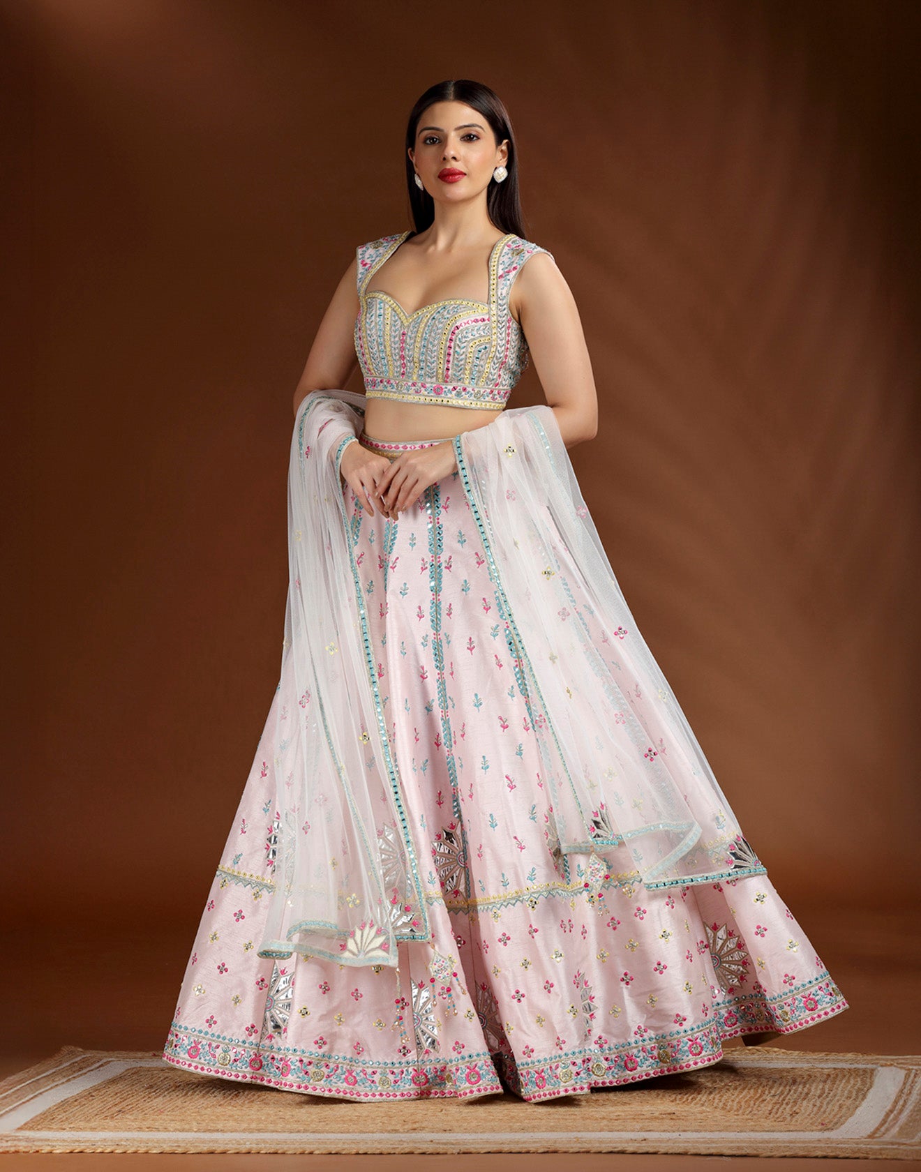 Bubble Pink With Marine Green Resham Thread Work Lehenga Set