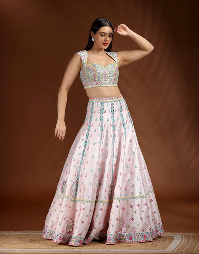 Bubble Pink With Marine Green Resham Thread Work Lehenga Set