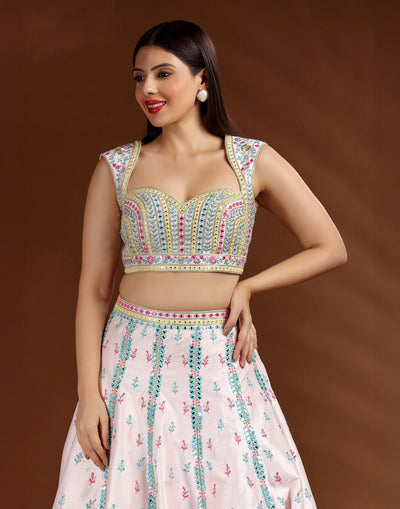 Bubble Pink With Marine Green Resham Thread Work Lehenga Set